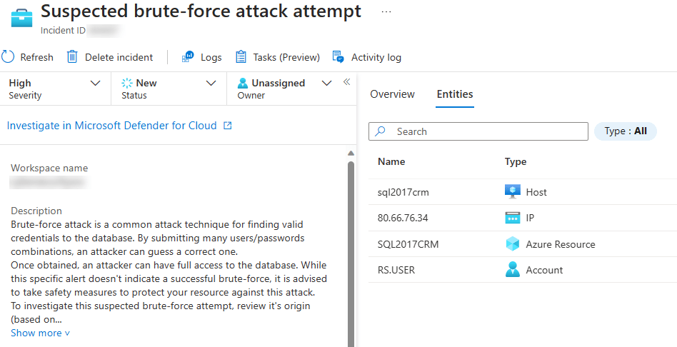 Image of a Incident Within Microsoft Sentinel. It displays the Incident name, description and entities.
