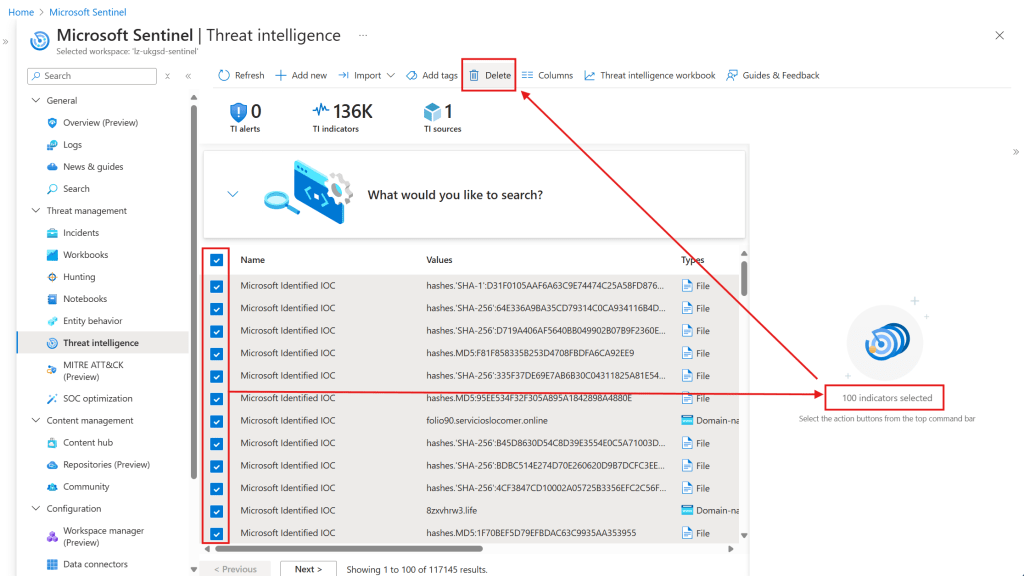 Image showing 100 threat indicators being selected then deleted via the Azure portal
